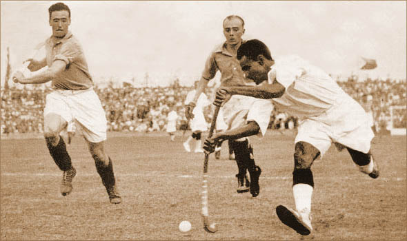 Dhyan Chand playing for India vs. France in the 1936 Olympic Hockey semi-finals