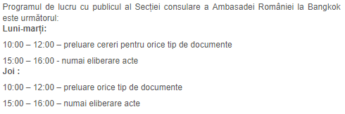 Programul de lucru cu publicul al Secției consulare a Ambasadei României la Bangkok