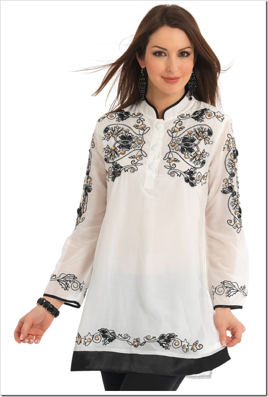 white kurta with black thread embroidery on it