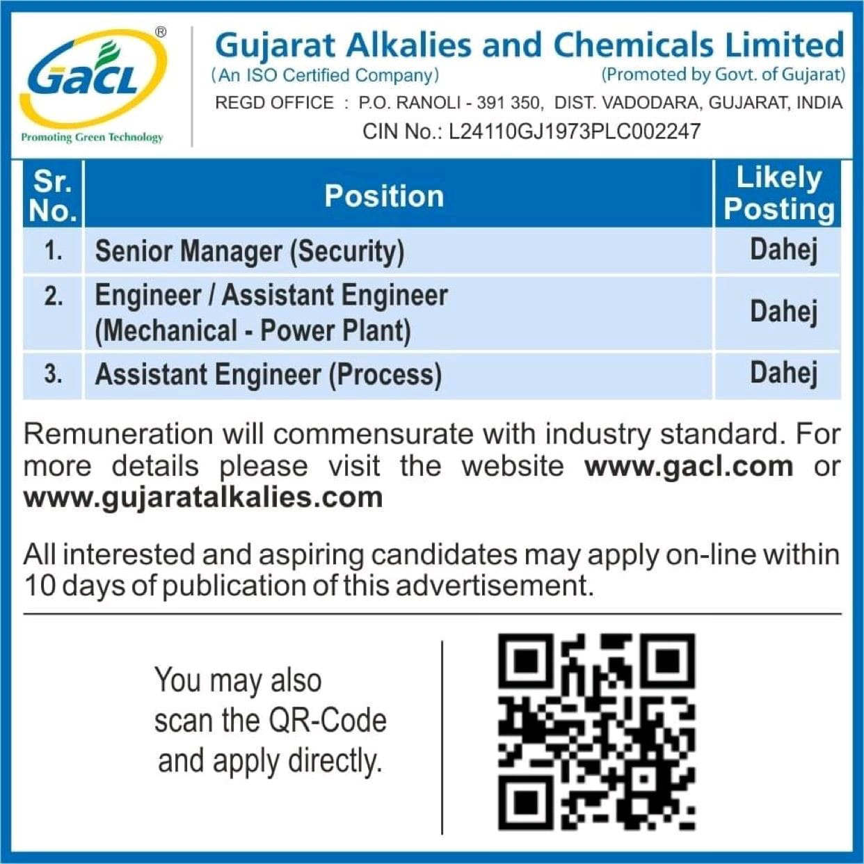 Job available for Gujarat Alkalies and Chemicals Limited Job vacancy for B.E/ B.Tech/ Senior Manager/ Assistant Engineer