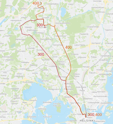 Linjan 300 reitti Elielinaukiolta Mannerheimintietä Vihdintielle ja Pähkinärinteen kautta Myyrmäkeen. Linjan 400 reitti Elielinaukiolta Mannerheimintietä Hämeenlinnanväylälle, josta Myyrmäen ja Martinlaakson kautta Vantaankoskelle.