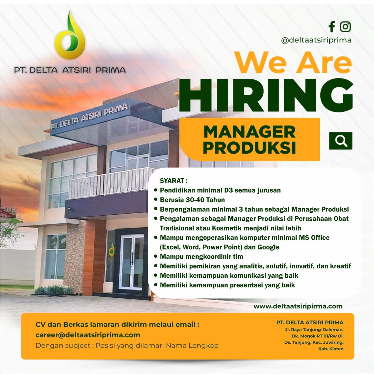 Loker Bulan Mei 2024 di PT Delta Atsiri Prima Klaten