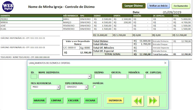 Dízimo e Oferta Planilha Excel Grátis