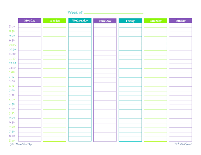 free printable, weekly planner, half hour increments, schedule, landscape