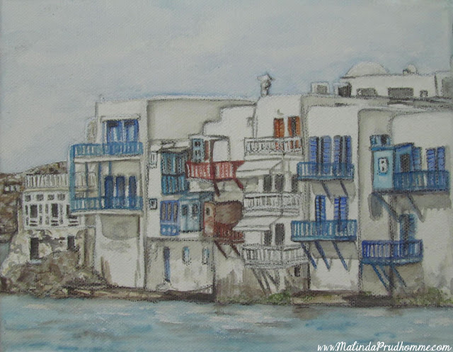 travel artist, mixed media artist, watercolour paintings, travel art, charcoal artist, mixed media art, original paintings, mykonos, little venice, greek islands, greece