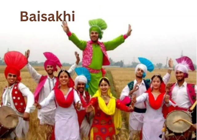 six men in white kurtas & red and pink turbine and three women in white kurties and red and pink dupattas