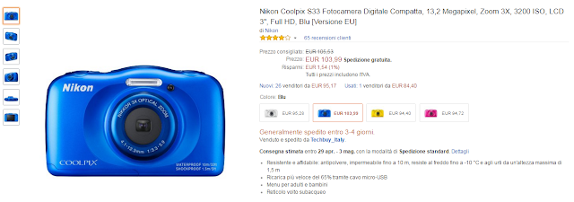 Nikon Coolpix S33 Fotocamera Digitale Compatta, 13,2 Megapixel, Zoom 3X, 3200 ISO, LCD 3", Full HD, Blu