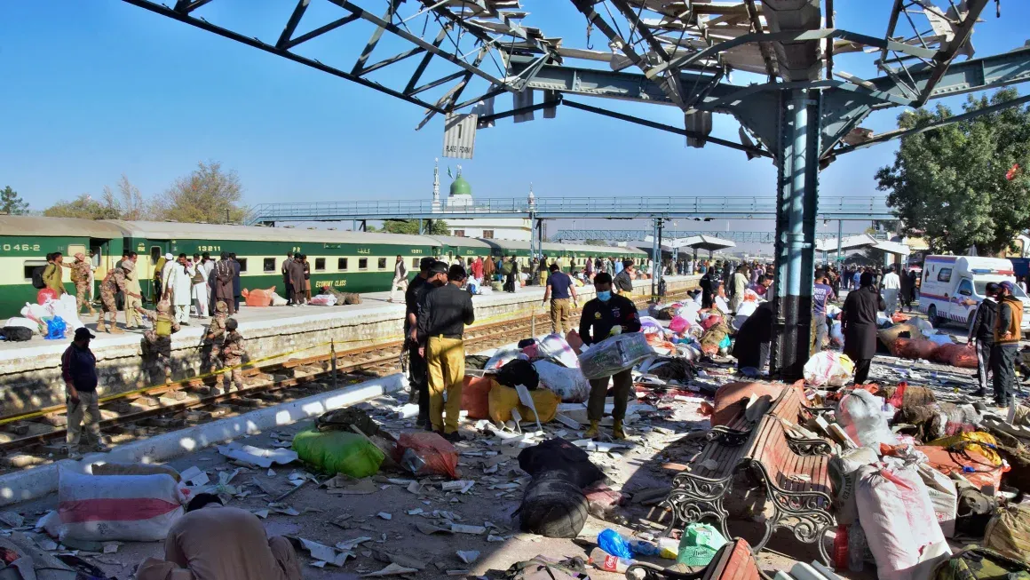 Security officials examine the site of a bomb explosion at railway station in Quetta, southwestern Pakistan, on November 9, 2024. Arshad Butt/AP