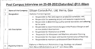 Silicon Cortech Pvt. Ltd, Verna, Goa conducting Pool Campus Interview For Diploma Holders