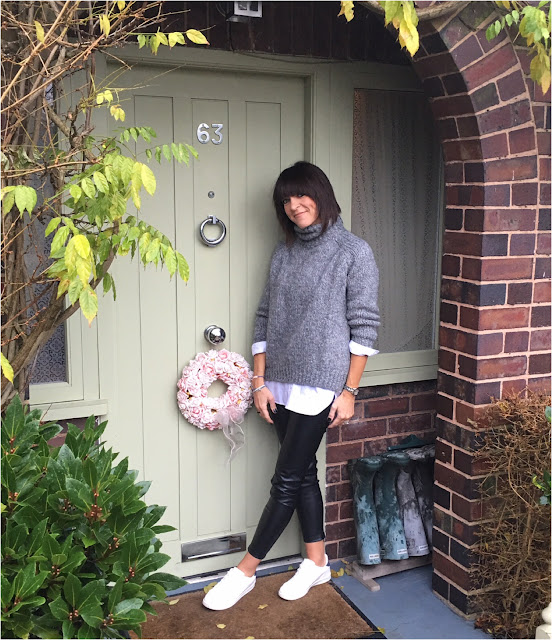 My Midlife Fashion, Zara Pleather Leggings, Chunky Knit Polo Neck, Boyfriend oversized shirt, mango leather white trainers