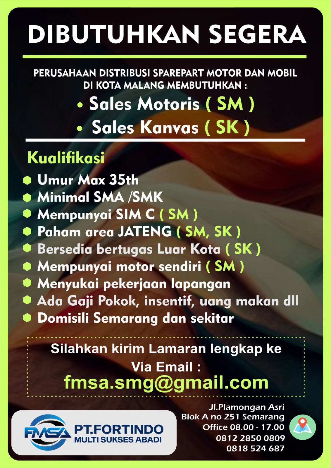Lowongan Kerja Staff Penjualan PT Fortindo Multi Sukses Abadi Semarang
