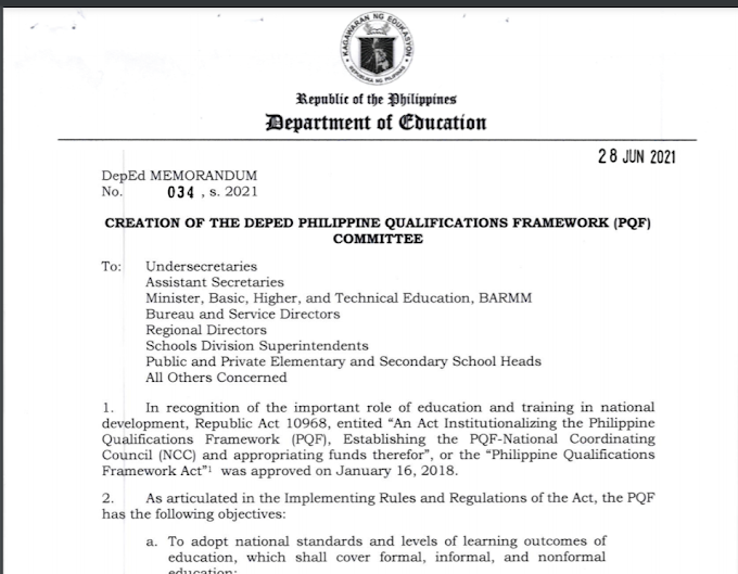 DM No.034 s 2021: CREATION OF THE DEPED PHILIPPINE QUALIFICATIONS FRAMEWORK (PQF)COMMITTEE