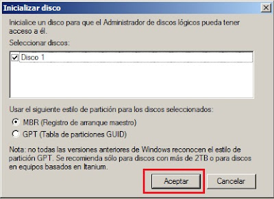 Gestionar particiones de disco con Windows Server. Inicializar disco