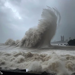 High waves crashing on the shore of Mumbai due to Cyclone Biparjoy