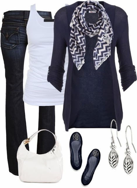Blue cardigan scarf white blouse denim pants with purse