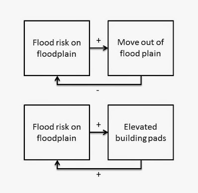 two separate systems diagrams. First box of each is "flood risk on floodplain"; a positive arrow in the first diagram leads to "move out of floodplain", with a return arrow back to "flood risk" labeled negative. Second diagram also has positive arrow from "flood risk on floodplain" but to "Elevated building pads", with a positive arrow back to "flood risk"