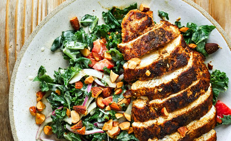 Cumin-crusted Chicken With kale Salad and Hummus Dressing