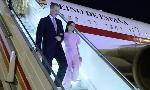 Queen Letizia wore a new Ibiaska lilac v-neck silk blouse by Hugo Boss, and lilac leg crop trousers by Hugo Boss