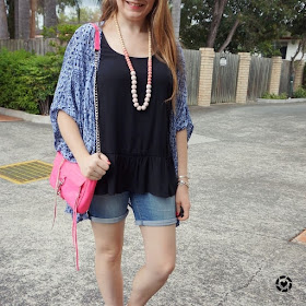 awayfromtheblue Instagram | summer denim shorts peplum tank and printed kimono outfit with pink accessories