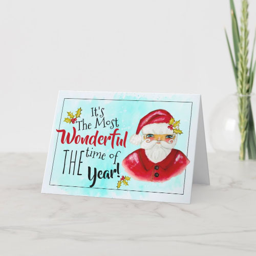 Classic Hand Painted Santa Christmas and Typography  Card