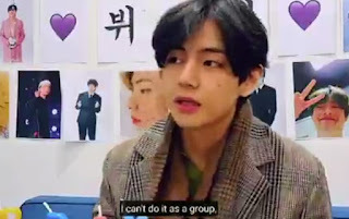 screencapture of BTS V saying I can't do it as a group in a live stream