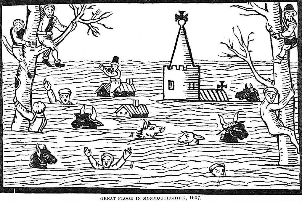 a 1607 illustration of the Great Flood in Monmouthshire