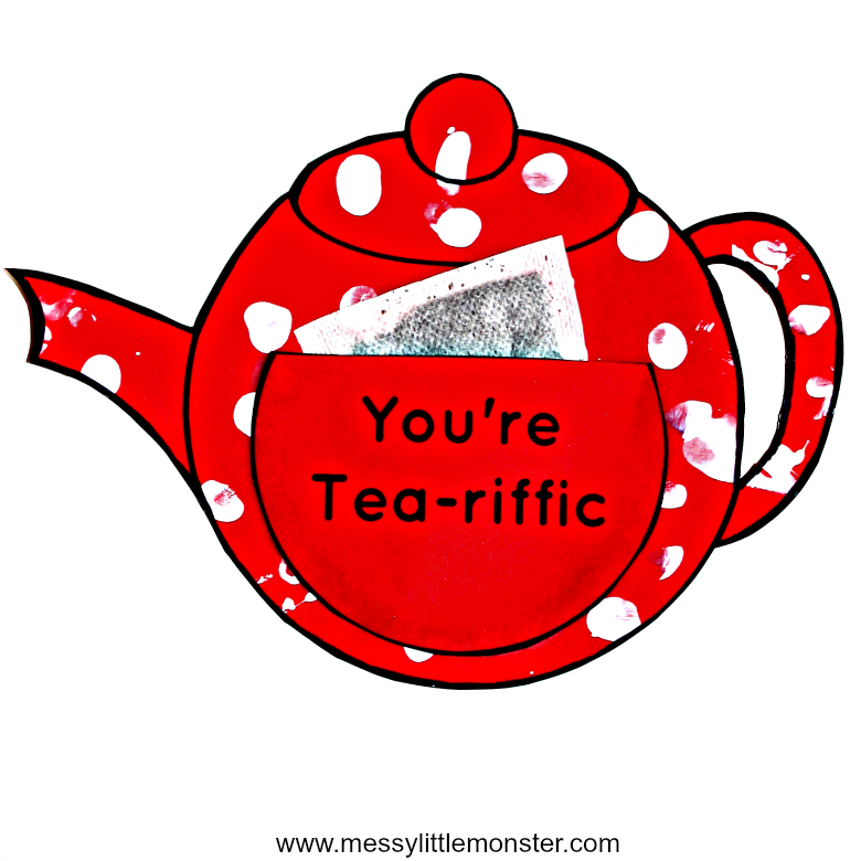 You're Tea-riffic easy teapot craft for kids with free printable teapot template. A simple paper craft and gift idea for babies, toddlers and preschoolers to make for mothers day, fathers day or as a teachers appreciation card. Also a fun activity to accompany the nursery rhyme 'I'm a little teapot'.