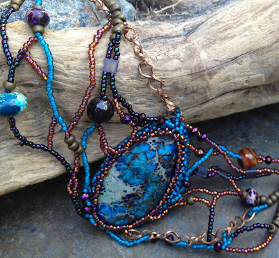 closeup of Wrack and Ruin, freeform beaded necklace & earrings by Karen Williams