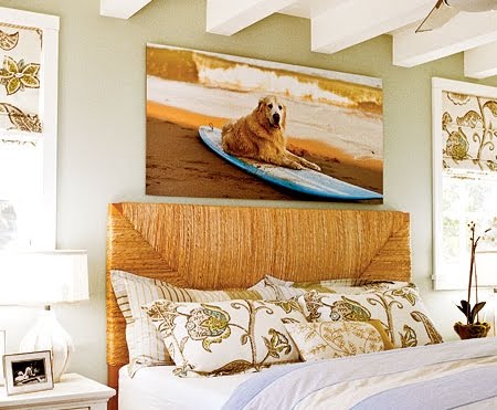 Coastal Bedroom Idea with Large Canvas Art above Headboard