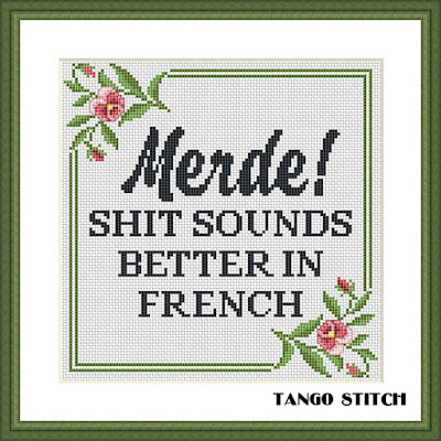 Merde! funny sassy cross stitch pattern Floral embroidery design - Tango Stitch