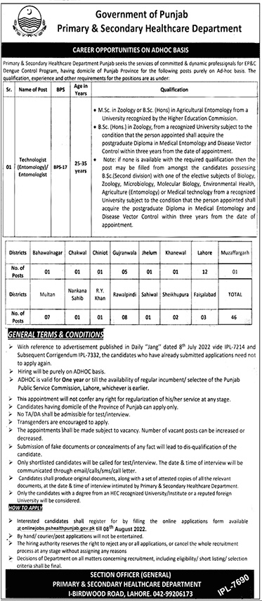 Primary & Secondary Healthcare Department Punjab Jobs 2022 - Jobs24hour