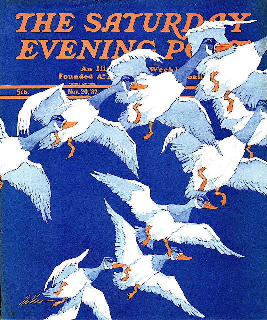 a Ski Weld color illustration of a rising flock of birds, Saturday Evening Post Nov. 20 1937