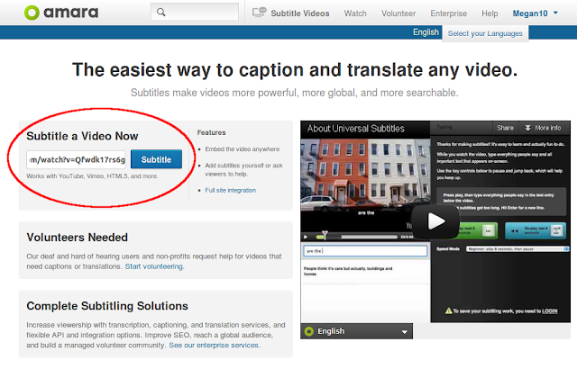 A screenshot of the Amara homepage with the section for inserting a YouTube video URL circled.