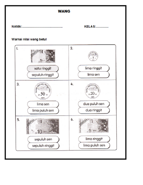 Matematik Tahun 1-Wang-: LEMBARAN KERJA