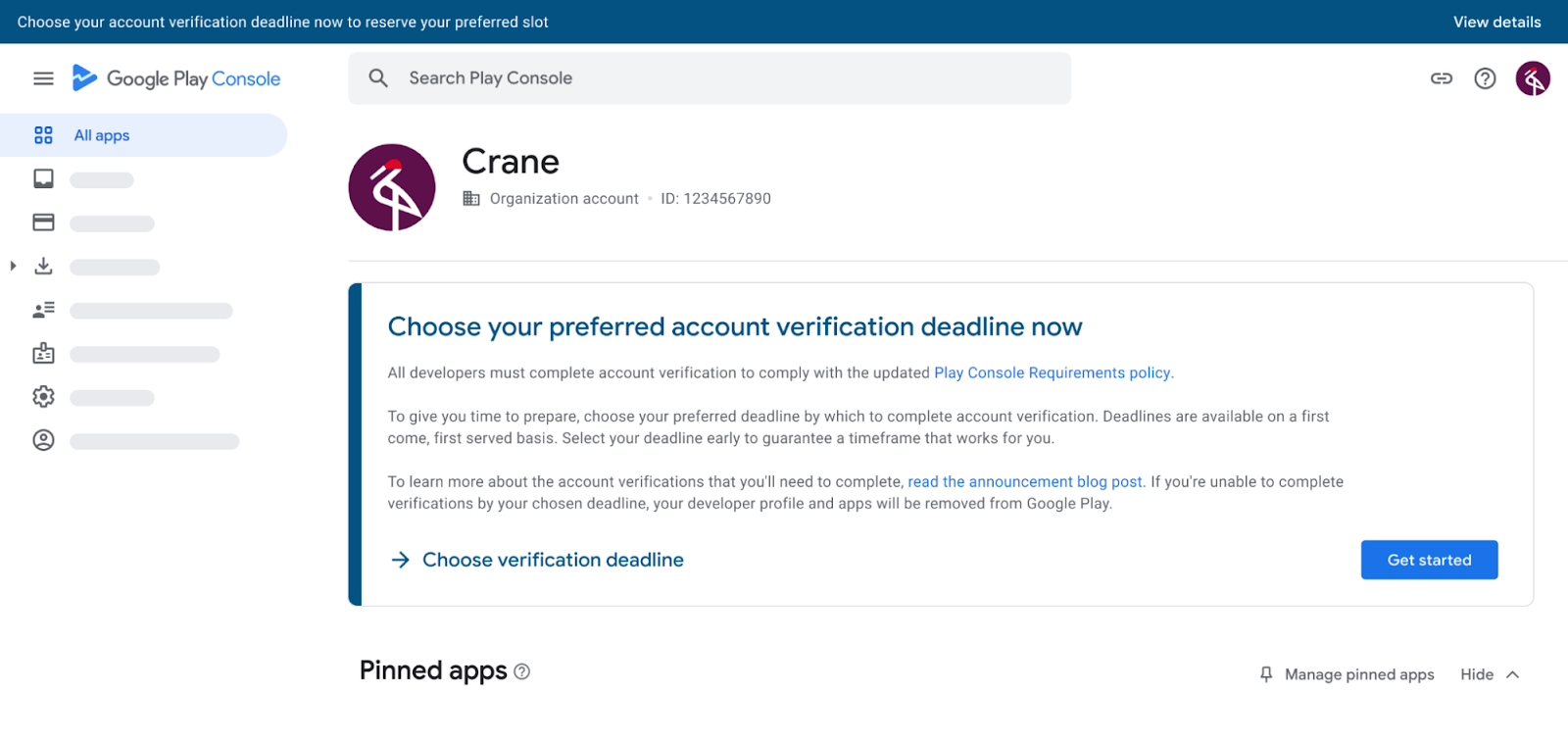 Screenshot of 'choose your preferred account verification deadline now' prompt in Google Play Console
