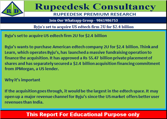 Byju’s set to acquire US edtech firm 2U for $2.4 billion - Rupeedesk Reports - 05.07.2022