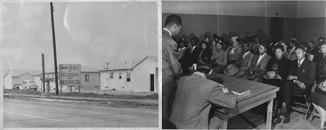 (Left) This photograph of the sign “This tract is exclusive and restrictive,” published in the African American newspaper California Eagle on Sept. 28, 1950, advertises a whites-only development project in Southeast Los Angeles. (Right) Black community members meet to discuss a public housing project for Watts. Courtesy Southern California Library for Social Studies and Research