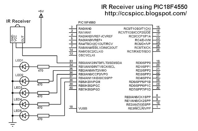 RC5 IR remote control receiver decoder circuit using PIC18F4550 and CCS PIC C