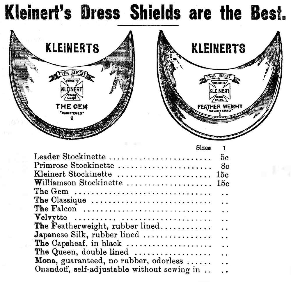 1898 dress shields for perspiration, an illustrated advertidement for Kleinert's