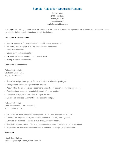 Sample Relocation Specialist Resume