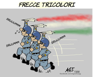 frecce tricolori, festa della repubblica, 2 giugno, parata, fori imperiali, crisi economica, tagli alla spesa, spese militari, vignetta, satira