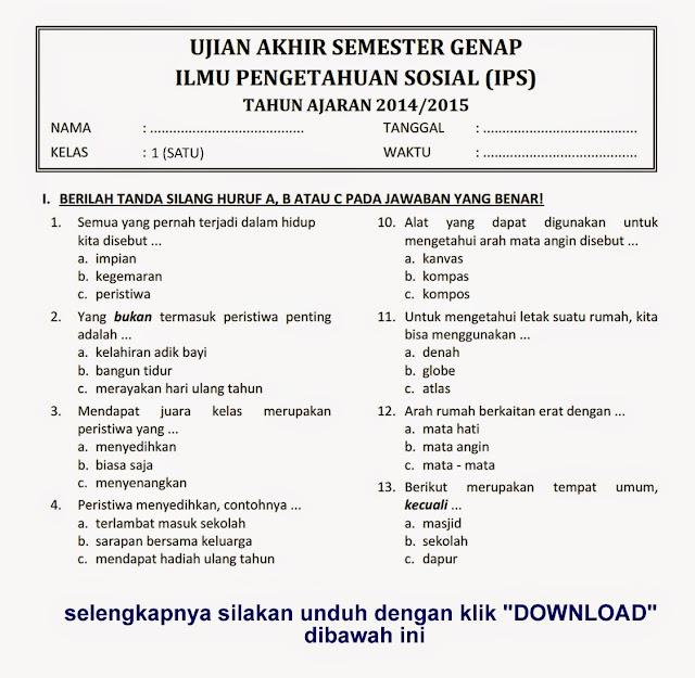 SOAL DAN KUNCI JAWABAN LATIHAN ULANGAN UMUM MATEMATIKA KELAS  SOAL DAN KUNCI JAWABAN LATIHAN ULANGAN UMUM MATEMATIKA KELAS 4 SEMESTER1 / GASAL SERBA SERBI GURU