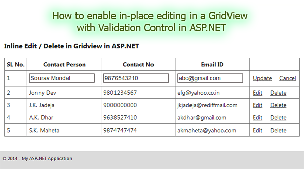 How to enable in-place editing with validation control in a GridView in ASP.NET