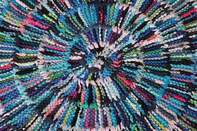 circular rag rug tee shirt upcycled rainbow kitchen decor by Handiworkin' Girls 