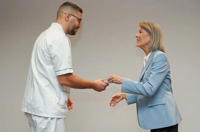 Princess Caroline wore a sky-blue wool blazer by Stella Mccartney. The Princess Grace Hospital in Monaco