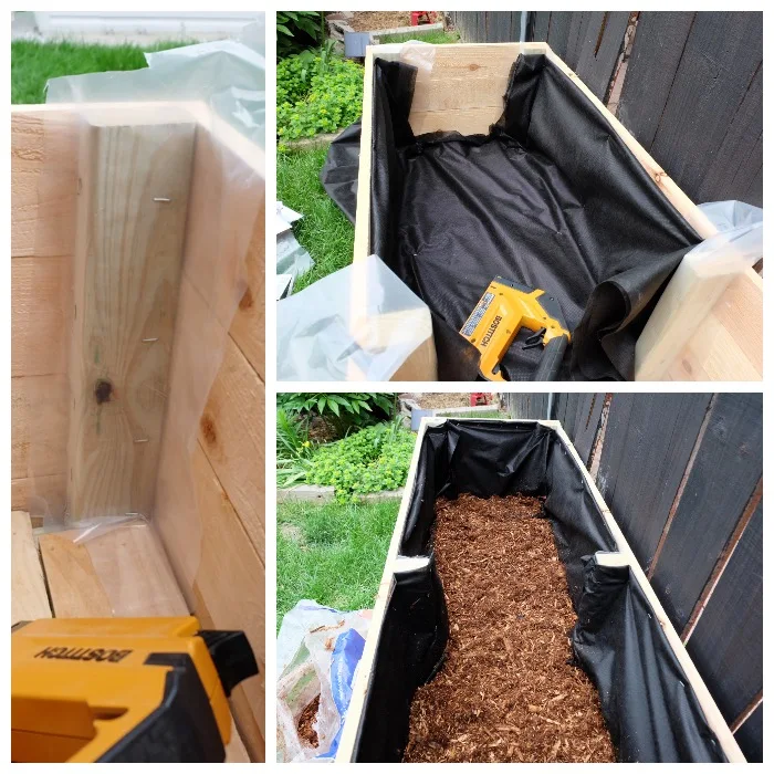 covering pressure treated wood with plastic, adding landscape cloth and mulch