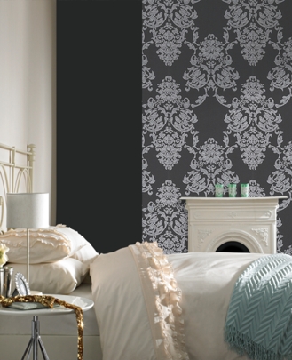 Interior Bedroom decorating with damask wallpaper designs