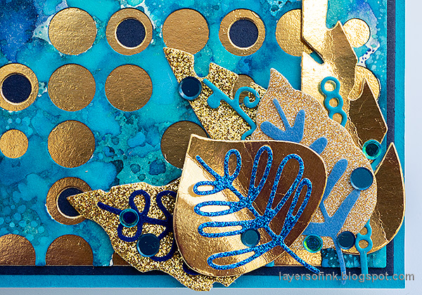 Layers of ink - Blue and Gold Card Tutorial by Anna-Karin Evaldsson. Combine glitter and velvet papers.