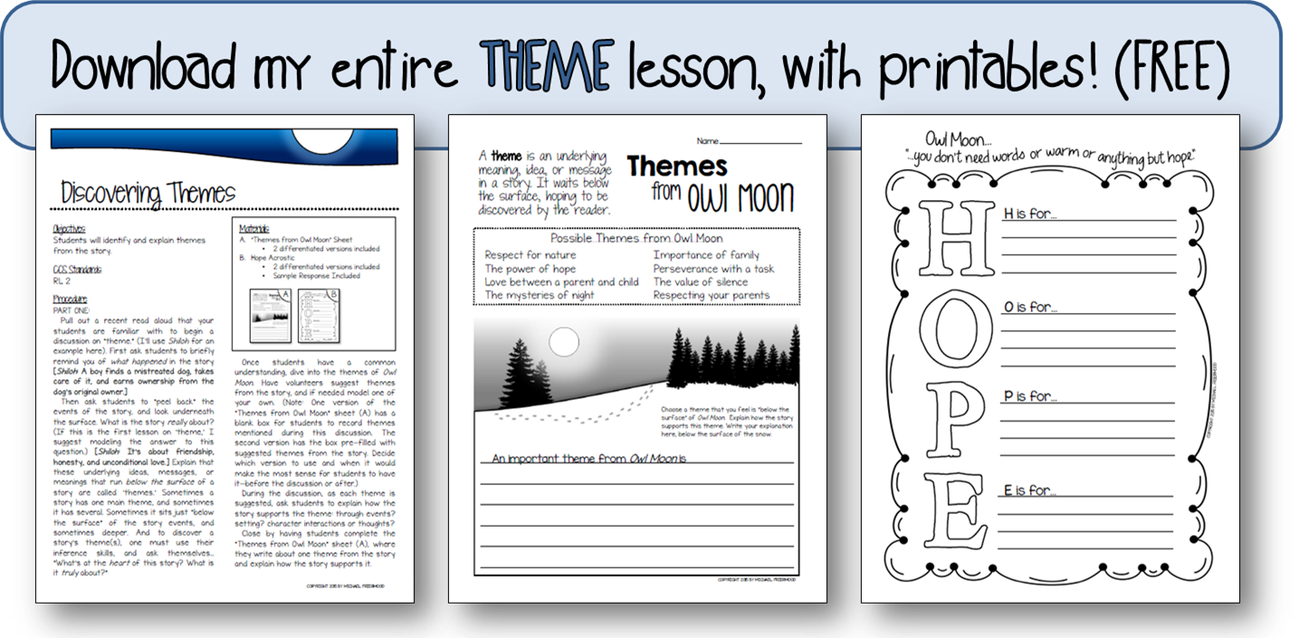 https://www.teacherspayteachers.com/Product/FREEBIE-Discovering-Themes-Sample-Lesson-from-Owl-Moon-Literature-Unit-1736841