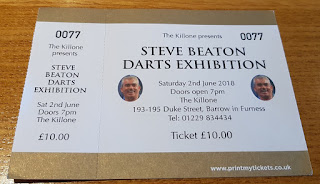 Ticket for the Steve Beaton Darts Exhibition at The Kill One pub in Barrow-in-Furness